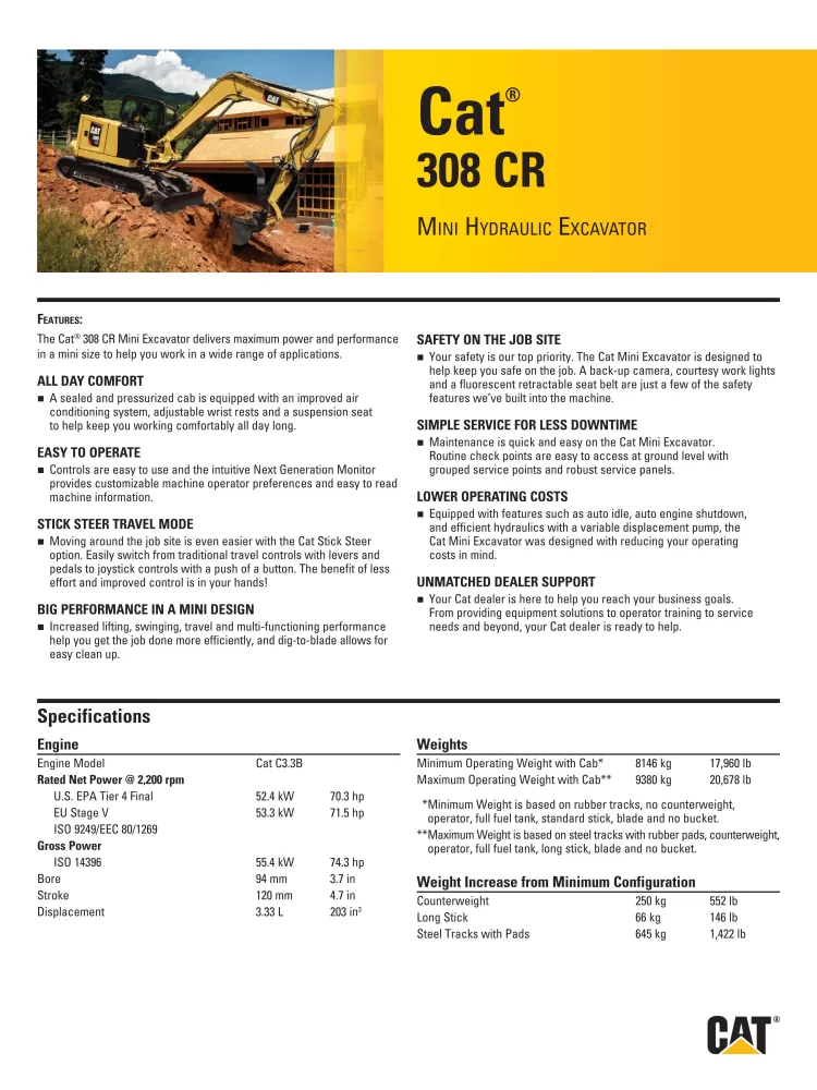 Caterpillar 308 CR Excavator Specsheet AEHQ8163 (10-2018)