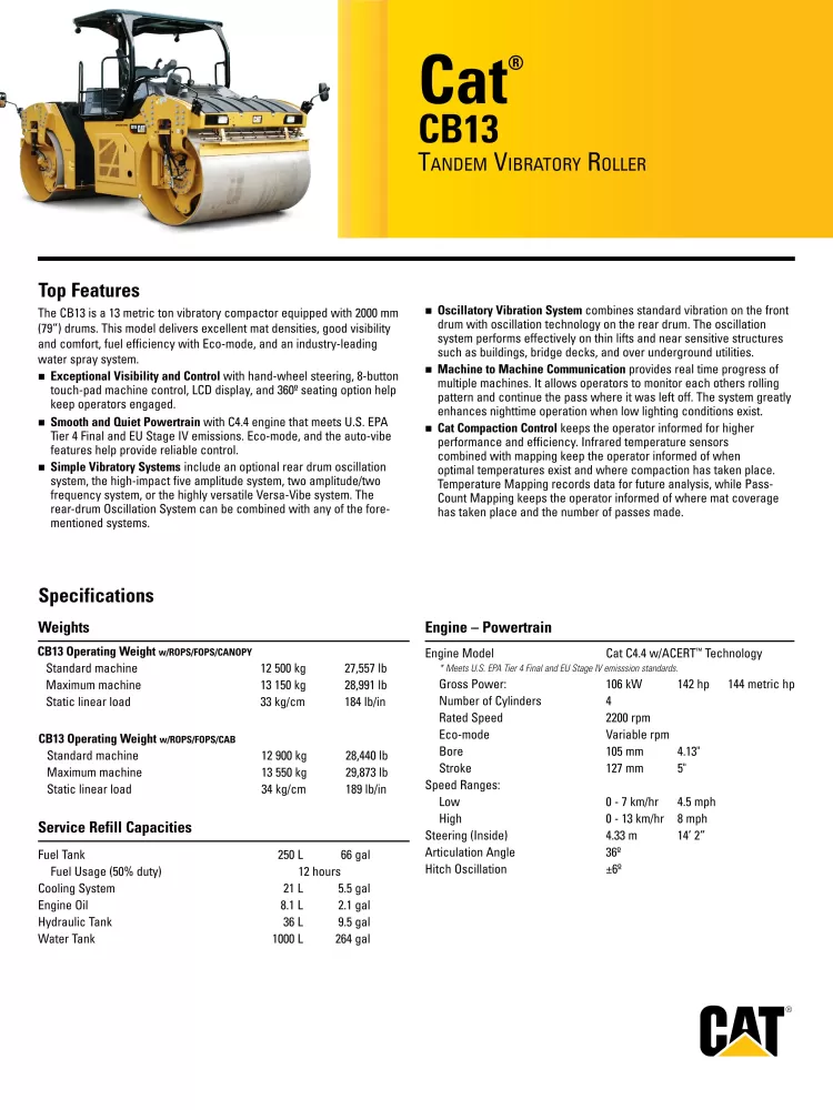 Caterpillar CB13 Tandem Vibratory Roller Specs QEHQ2333 (12-17).pdf